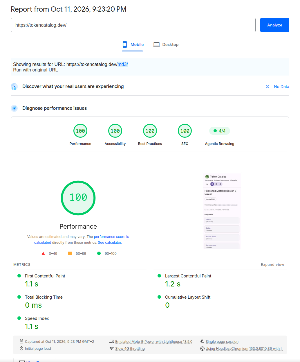 October 11, 2026 mobile PageSpeed Insights report showing four scores of 100 and 4/4 agentic browsing checks