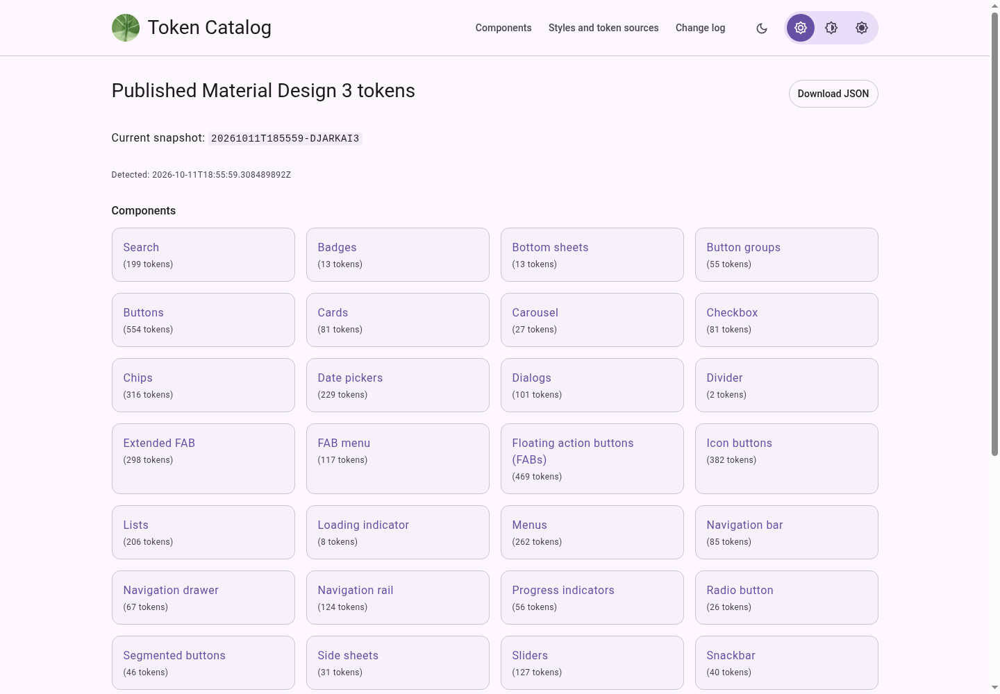 Token Catalog showing the Material Design 3 component catalog